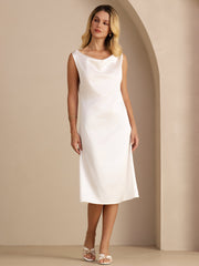 White 19 Momme mulberry silk sleeveless cowl neck knee dress.