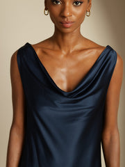 Women's navy 19Momme mulberry silk sleeveless cowl neck knee dress.