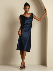 Women's navy 19 Momme mulberry silk sleeveless cowl neck knee dress.