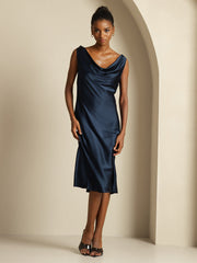Women's navy 19Momme mulberry silk sleeveless cowl neck knee dress.