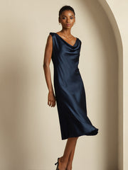 Women's navy blue mulberry silk sleeveless cowl neck knee dress.