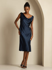 Women's navy blue 19 Momme mulberry silk sleeveless cowl neck knee dress.