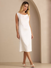 White 19Momme mulberry silk sleeveless cowl neck knee dress.