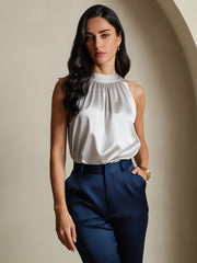 Women's 19 Momme mulberry silk sleeveless halter neck top in light gray.