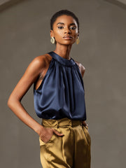 Women's navy mulberry silk sleeveless halter neck top with gathered neckline.