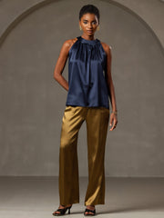 Women's navy mulberry silk sleeveless halter neck top with gathered neckline.