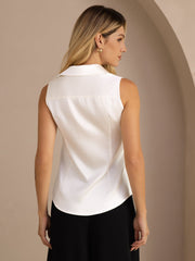 Women's white 19Momme mulberry silk sleeveless lapel collar shirt with button-up design.