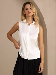 White 19Momme mulberry silk sleeveless lapel collar women's shirt with button-up design.