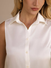 White 19 Momme mulberry silk sleeveless lapel collar women's shirt with button-up design.
