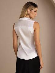 Women's white 19Momme mulberry silk sleeveless lapel collar shirt with button-up design.