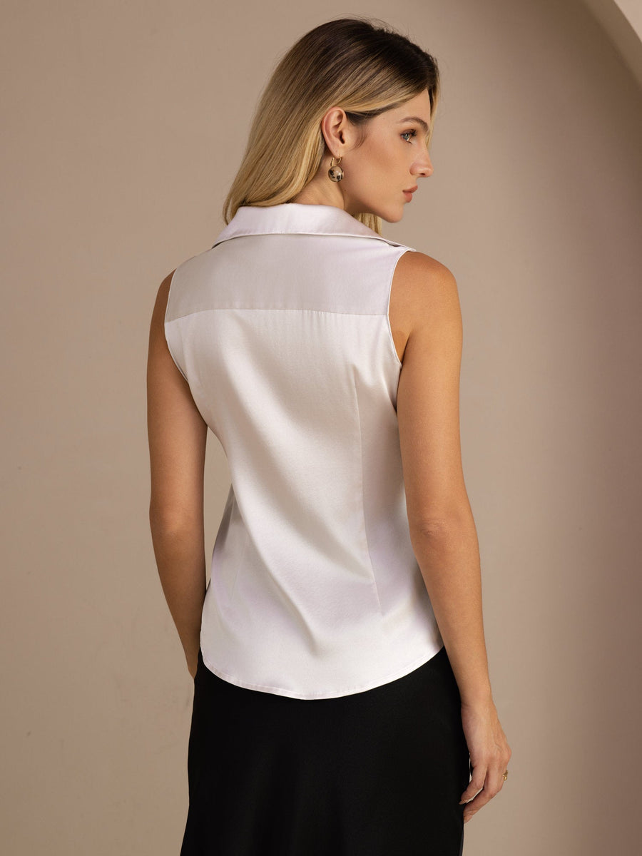 Women's white 19Momme mulberry silk sleeveless lapel collar shirt with button-up design.