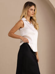 Women's white 19Momme mulberry silk sleeveless lapel collar shirt with button-up design.