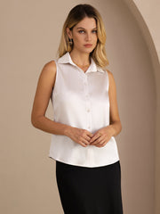 White 19 Momme mulberry silk sleeveless lapel collar women's shirt with button-up design.