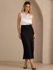 Women's white 19 Momme mulberry silk sleeveless lapel collar shirt with button-up design.