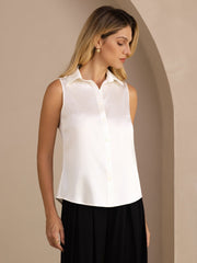 White 19Momme mulberry silk sleeveless lapel collar women's shirt with button-up design.