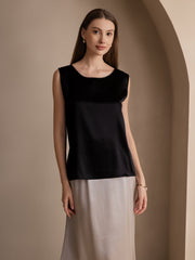 Black 19Momme mulberry silk sleeveless round neck women's tank top.