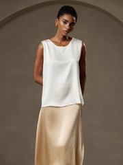White 19Momme mulberry silk sleeveless round neck women's tank top.