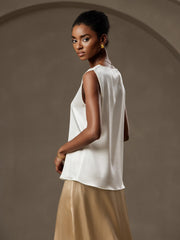 Women's white 19 Momme mulberry silk sleeveless round neck tank top.