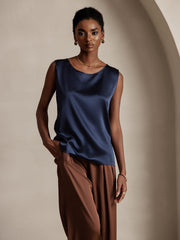 Dark blue 19Momme mulberry silk sleeveless round neck women's tank top.