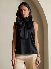 Women's black mulberry silk sleeveless tie-neck blouse.