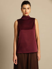 Women's black 19Momme mulberry silk sleeveless tie neck blouse.