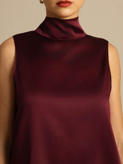 Marberry 19Momme silk sleeveless tie neck blouse in a rich burgundy color.