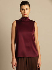 Women's mulberry silk sleeveless tie-neck blouse in rich burgundy.