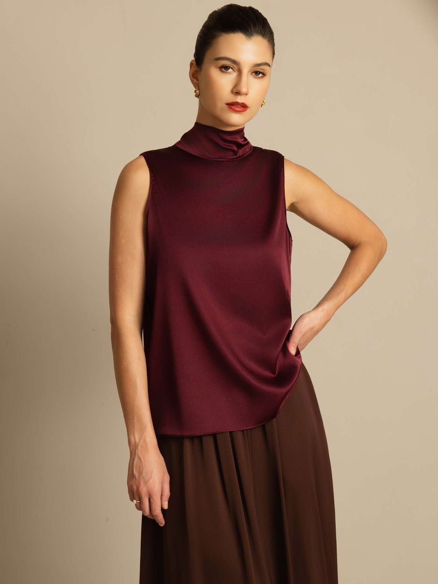 Women's mulberry silk sleeveless tie neck blouse in rich burgundy.