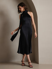 Black 19Momme mulberry silk sleeveless tie-neck midi dress on a model.