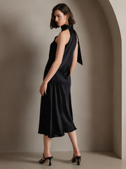 Black 19Momme mulberry silk sleeveless tie-neck midi dress on a woman.