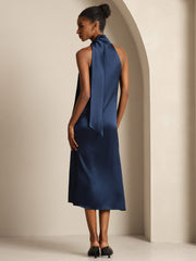 Navy 19 Momme mulberry silk sleeveless tie-neck midi dress on a model.