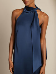 Navy blue mulberry silk sleeveless midi dress with a stylish tie neck.