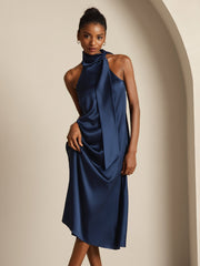 Navy blue 19 Momme mulberry silk sleeveless tie-neck midi dress.