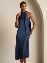 Navy 19 Momme mulberry silk sleeveless tie-neck midi dress on a model.