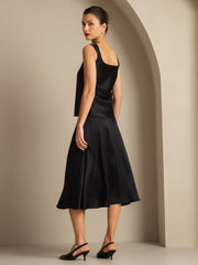 Black 19 Momme mulberry silk sleeveless U-neck tank top and matching midi skirt.