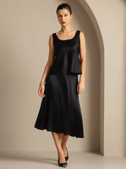 Black 19Momme mulberry silk sleeveless U-neck women's tank top and matching midi skirt.
