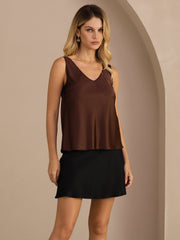 Women's coffee mulberry silk sleeveless V-neck tank top with V-back design.