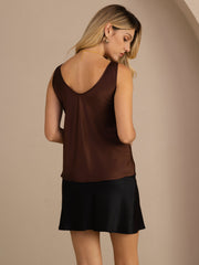 Women's brown 19 Momme mulberry silk sleeveless V-neck tank top with V-back design.