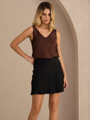 Women's brown 19Momme mulberry silk sleeveless V-neck tank top with V-back design.