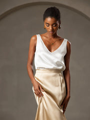 White 19 Momme mulberry silk sleeveless V-neck women's tank top with V back design.