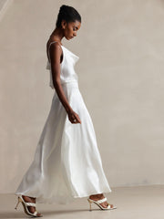 White 19Momme mulberry silk spaghetti strap cowl neck camisole top and matching skirt.