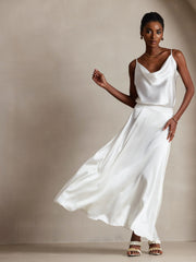Women's white 19 Momme mulberry silk spaghetti strap cowl neck camisole top and matching skirt.