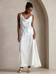 White 19 Momme mulberry silk spaghetti strap cowl neck camisole top and matching maxi skirt.