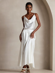 White 19 Momme mulberry silk spaghetti strap cowl neck camisole top and matching skirt.