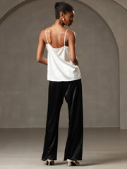 White 19Momme mulberry silk spaghetti strap camisole with black silk pants.