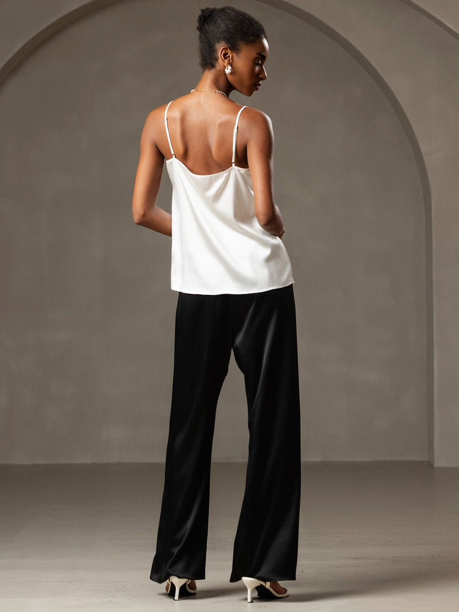 White 19Momme mulberry silk spaghetti strap camisole with black silk pants.