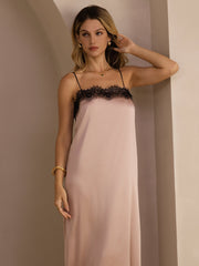19Momme Silk Square Neck Spaghetti Strap Lace Midi Dress