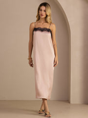 19Momme Silk Square Neck Spaghetti Strap Lace Midi Dress