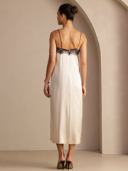 19Momme Silk Square Neck Spaghetti Strap Lace Midi Dress
