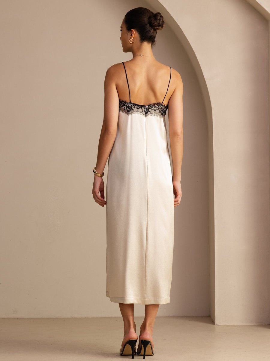 19Momme Silk Square Neck Spaghetti Strap Lace Midi Dress